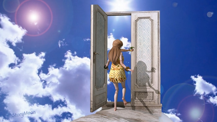 Game character walking through a door in the clouds