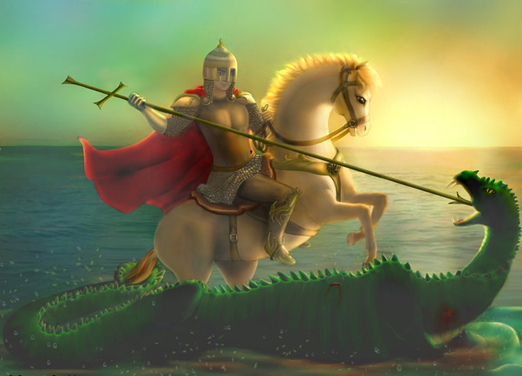 St George on white horse and stabbing dragon