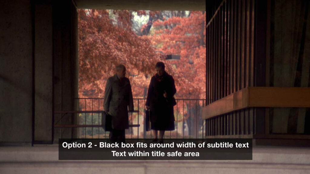 An example of subtitles shown in a dark box within the text safe area