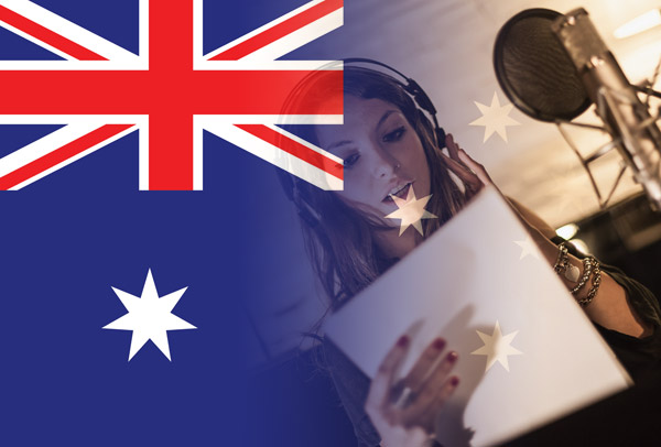 Australian flag with voice-over artist recording in accent