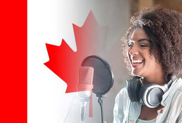 Canadian flag with voice-over artist recording with accent