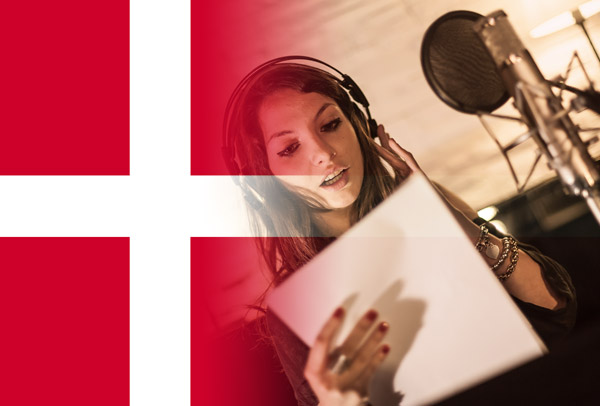 Danish flag merged with voice-over artist recording script