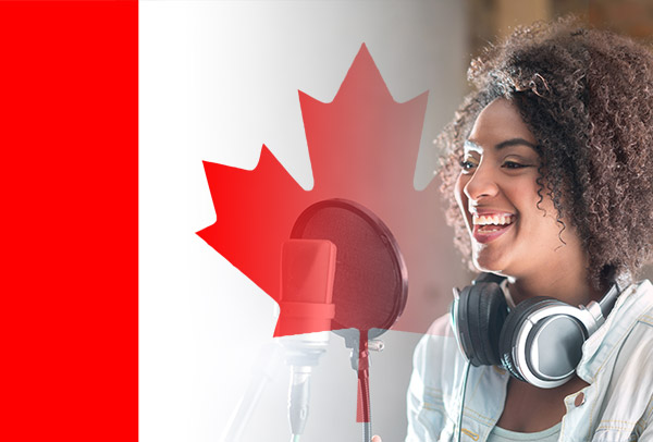 Canadian flag with voice-over artist recording French script