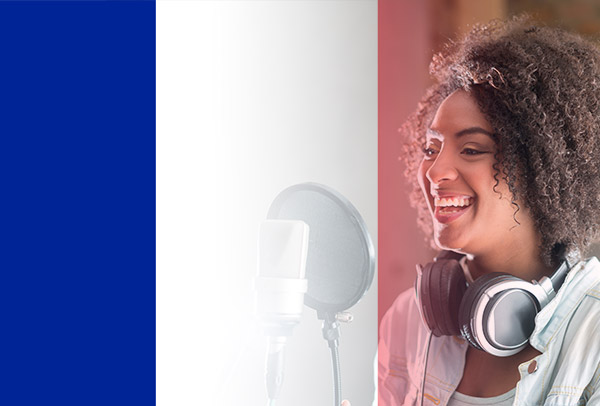 French flag and voice-over artist recording with accent