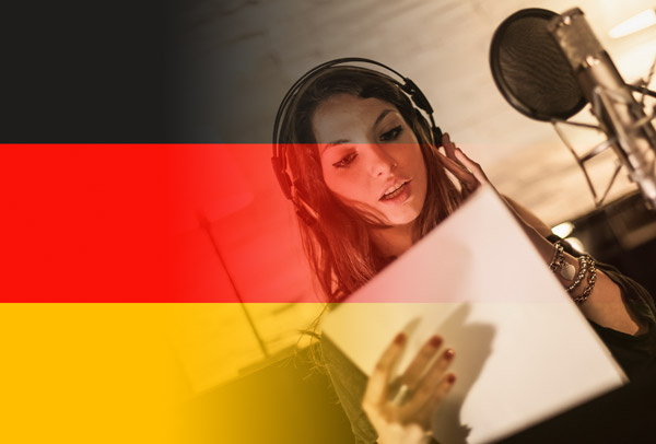 German flag and voice-over artist recording with accent