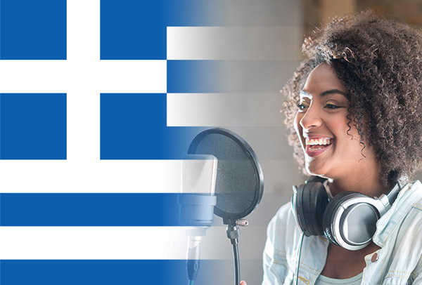 Greek flag merged with voice-over artist recording script