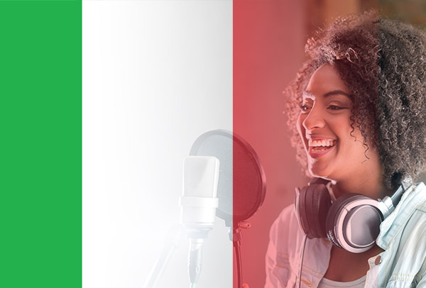 Italian flag and voice-over artist recording with accent