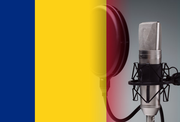 Romanian flag merged with voice-over recording studio