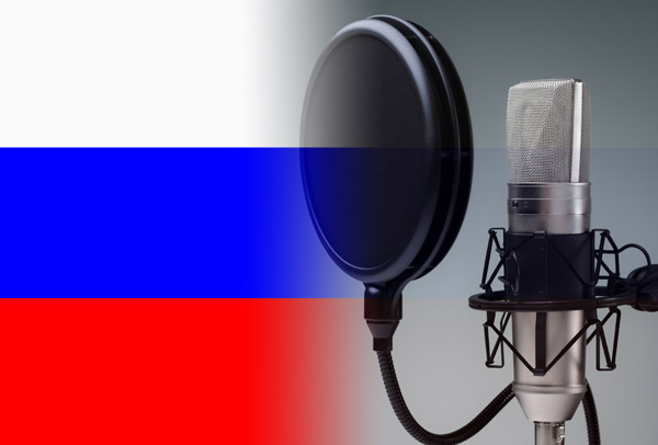 Russian flag merged with voice-over recording studio