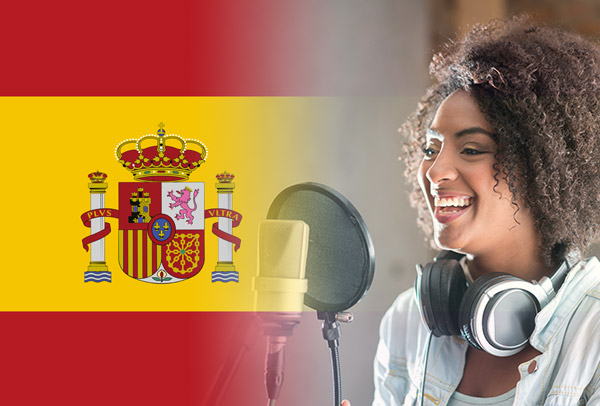 Spanish flag and voice-over artist recording with accent
