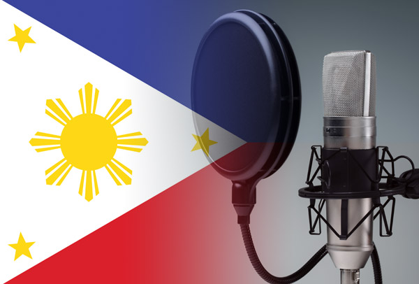 Philippines flag merged with Tagalog voice-over recording studio