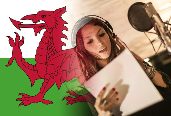 Welsh flag merged with voice-over artist recording script