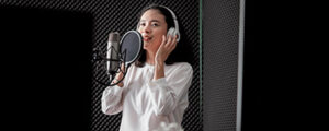 Dubbing voice artist recording at a microphone